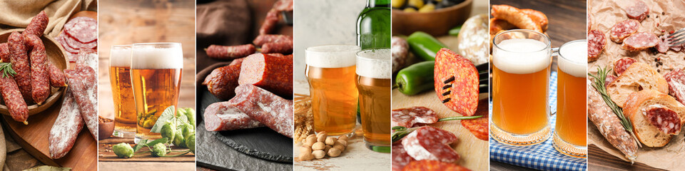 Set of tasty beer with delicious sausages