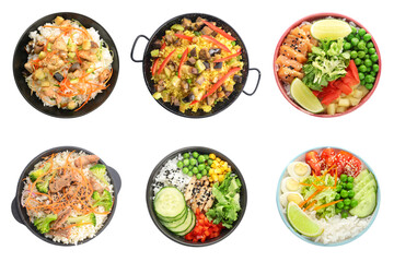 Set of tasty Chinese food on white background, top view