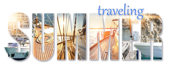 Collage with word SUMMER and modern yachts on white background