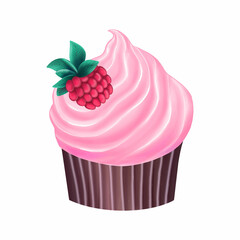 illustration of tasty cupcake with pink cream and strawberry isolated on white background. Vector illustration 