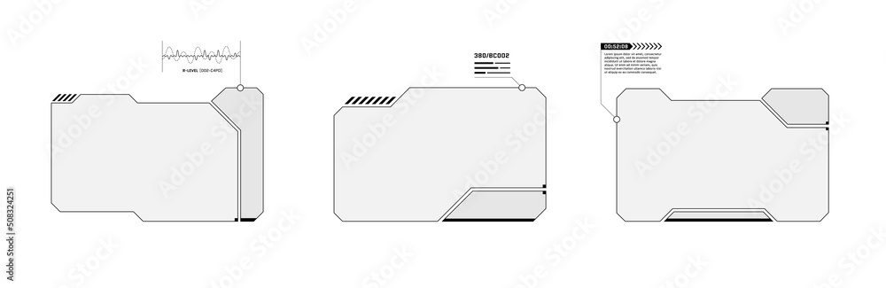 Poster hud digital futuristic user interface horizontal frame set. sci fi high tech screens. gaming menu to