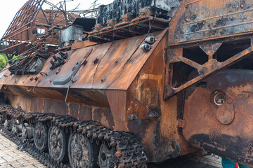 Rusty russian tank burned by the Ukrainian military during Russian invasion of Ukraine in 2022....