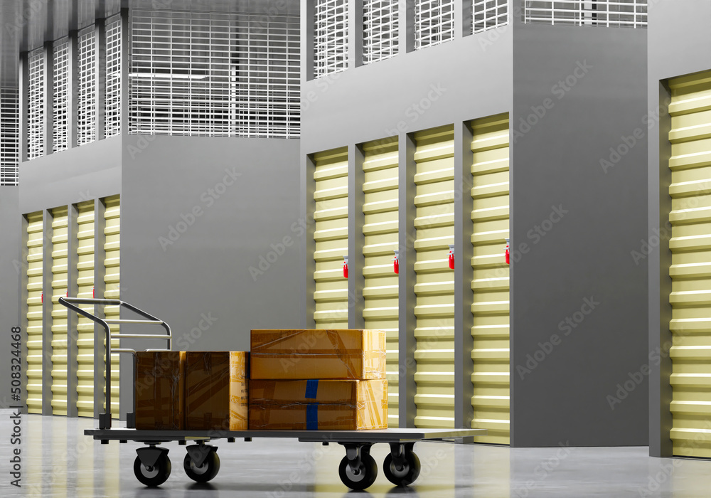 Poster rental storage units. cart with boxes in front of storage units. corridor with closed doors to stora