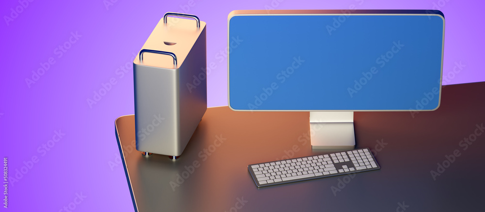 Poster personal computer. modern computer with blank screen. visualization of monitor and system unit. comp
