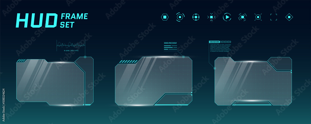 Poster hud digital futuristic user interface horizontal frame set. sci fi high tech screens. gaming menu to
