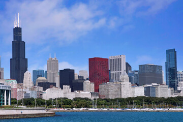Chicago lakefront recreational trail with view of downtown skyline