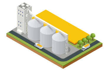 Isometric Grain elevator silos. Transrportation of agricultural products. Corn dryer silos, inland grain terminal. Grain elevators standing in a field © Golden Sikorka