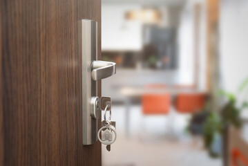 Keys in the door keyhole. New flat concept