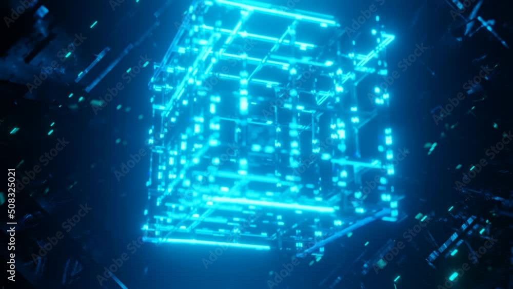 Poster 3d object or structure rotates and moves inside glass mirror tunnel with neon light, bright reflecti