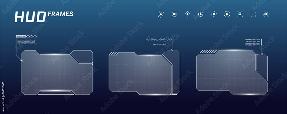 Poster hud digital futuristic user interface horizontal frame set. sci fi high tech screens. gaming menu to