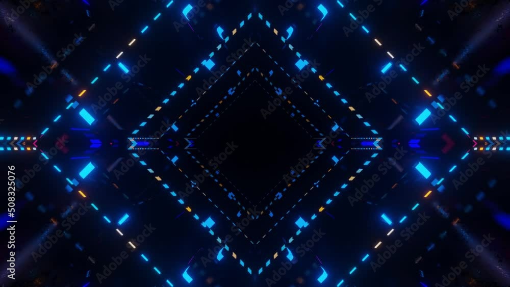 Aufkleber fly through symmetrical technology cyberspace with neon glow. sci-fi flight through hi-tech technolo