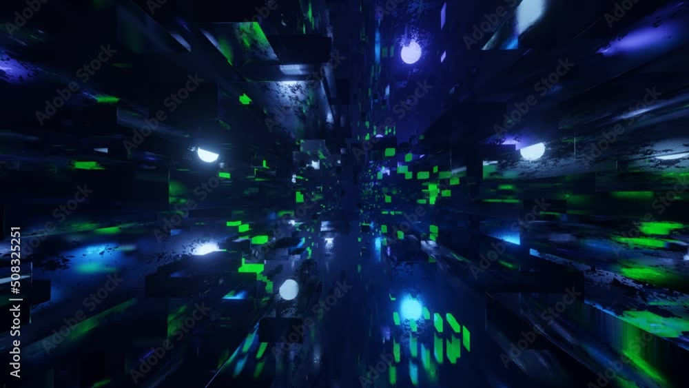 Poster sci-fi constructions, mysterious 3d objects in fog. fly through technology cyberspace with neon glow