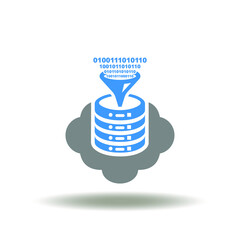 Vector illustration of cloud with server and digital funnel. Icon of digital transformation. Symbol of processing big data. Sign of cloud computing.