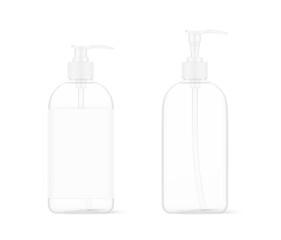 Realistic transparent bottle with white dispensers. Perfect for presentation of your design. EPS10.	