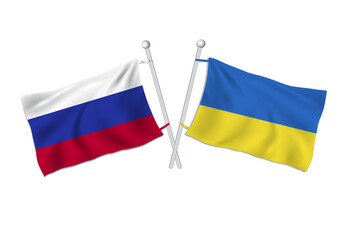 Russia and Ukraine flag waves on a flagpole, white background vector