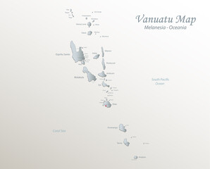 Vanuatu map, islands and city with names, white blue card paper 3D vector