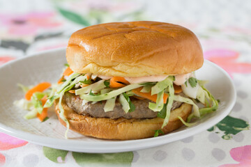 Healthy Turkey Burgers with Pickled Vegetable Slaw and Sriracha Chili Sauce Mayo