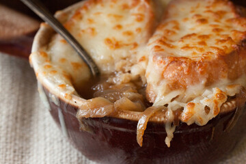 Close Up Crock of French Onion Soup