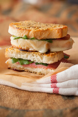 A gooey, Italian mozzarella and salami grilled cheese with a Parmesan toasted Italian bread