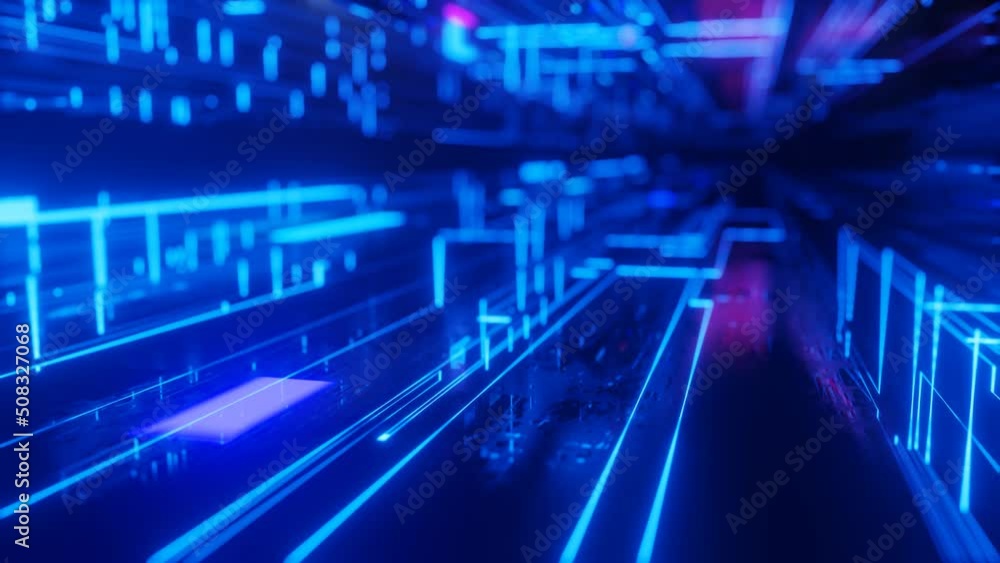Poster pattern like sci-fi hologram. fly through technology cyberspace with neon glow. sci-fi flight throug