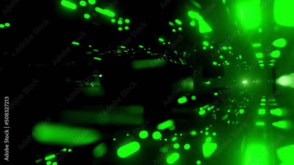 Poster flight through hi-tech technology tunnel with camera shake. neon green light, sci-fi constructions, 