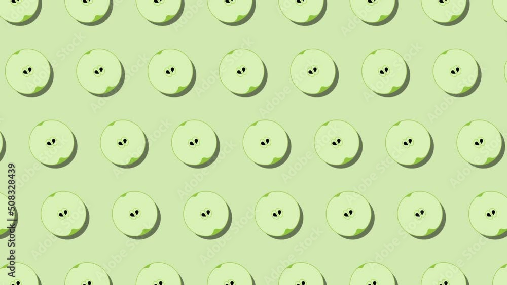 Poster pattern of animated fruit icons of apple on green background. seamless loop food animation with simp