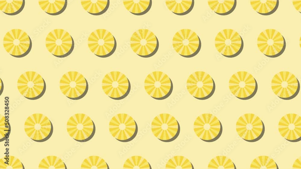 Poster pineapple slices in animated pattern on a yellow background. seamless loop food animation with simpl