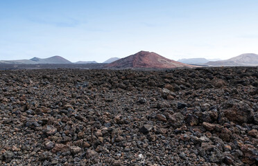 Landscape of a sea of volcanic lava in Lanzarote, Canary Islands, Spain