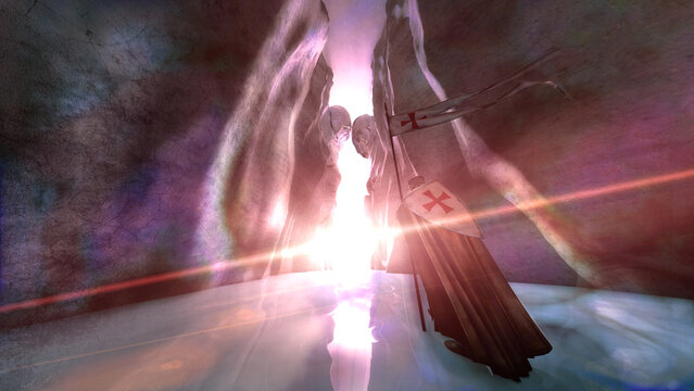 In search of the holy Grail, keepers. Templars and Crusaders. Forgotten treasure search for truth. Relic. Statues of monks carved into the rock treasure guarded by guards. Medieval. Gorge 3d rendering