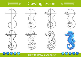Drawing tutorial. How to draw a seahorse. Kids worksheet and activity page. Children education step by step art lessons. Vector illustration. © Betswork