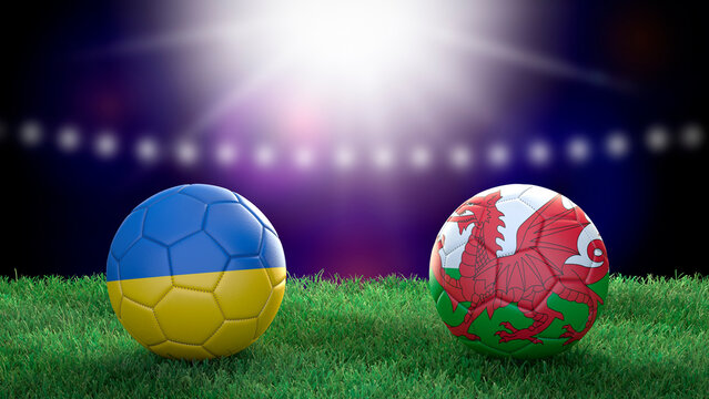 Two soccer balls in flags colors on stadium blurred background. Ukraine vs Wales. 3d image