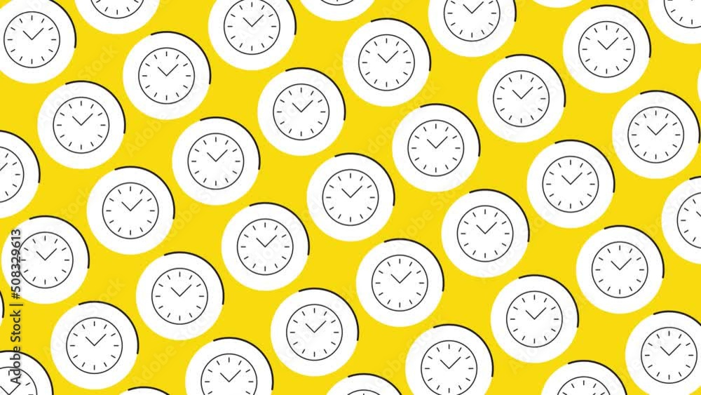 Aufkleber round clock icon in white circle with black dynamic line pattern on a yellow background. seamless lo