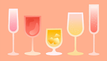 Alcoholic glasses set with wine and champagne