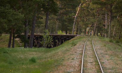 Narrow-gauge railway in a forest (public park). Idyllic landscape. Ventspils, Latvia. National landmarks, retro transport, history, past, historical reenactment, recreation concepts © Alex Stemmer