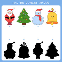 Find the correct shadow for Christmas symbols. Vector worksheet of simple educational game for kids