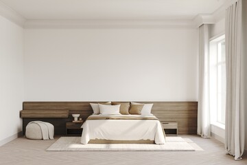 3d render of a minimalistic classic style bedroom or hotel room, decorative wooden wall panel, wooden parquet, pouf and bedside tables, makeup table, decoration. Mockup frame	