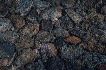 Brick Silver Wall. Rock background. Rock texture. Black texture. Dark marble. Stone background. Rock pile. Paint spots. Rock surface with cracks. Grunge Rough structure. Abstract texture.