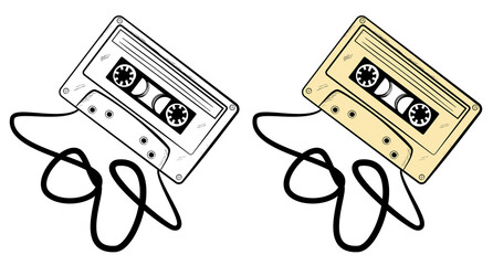 Simple Vector sketch of classic audio cassette, crumpled tape