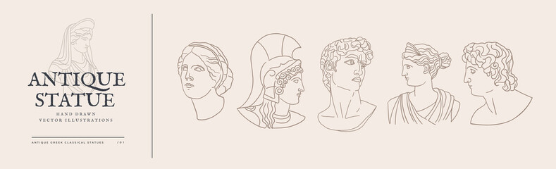 Fototapeta Set of antique heads in linear style. Ancient Greek gods for design of clothes, posters, bag shopper, invitations. Classic sculptures of mythological characters: Venus, David, Athena, Apollo. obraz