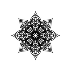 Simple black floral orientation mandala on white background.