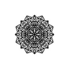 Simple black floral orientation mandala on white background.