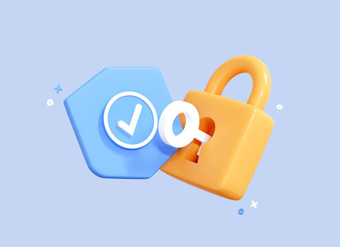 3D Lock with Key and Protection shield. Cyber security internet and networking concept. Shield shape with padlock. Safety and privacy. Cartoon realistic icon isolated on blue background. 3D Rendering