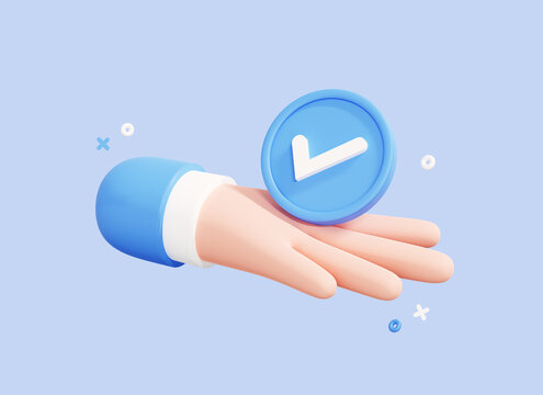 3D Hand holding Check Mark sign. Businessman choose option with checkmark. Approval concept. Positive user vote or choice. Cartoon creative design icon isolated on blue background. 3D Rendering