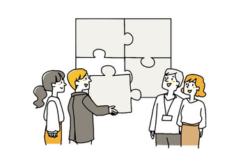 一緒にパズルのピースを組み合わせていくビジネスチーム　コミカルな手書き、アイディアを出し合い協力する