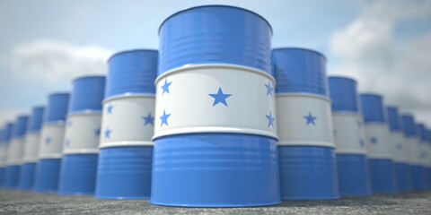 Many barrels with flag of Honduras. Oil or chemical industry supply related 3D rendering