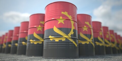 Barrels or oil drums with flag of Angola. Petroleum or chemical industry related 3D rendering - obrazy, fototapety, plakaty