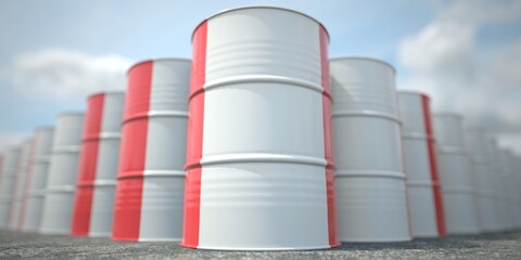 Barrels or oil drums with flag of Peru. Petroleum or chemical industry related 3D rendering