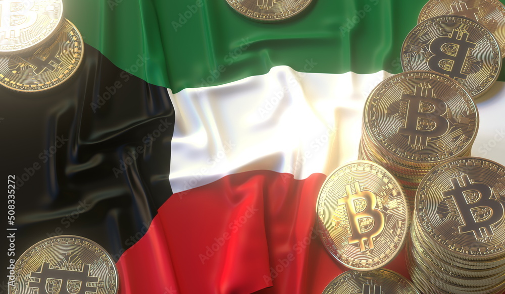Aufkleber bitcoin tokens and flag of kuwait. cryptocurrency related 3d rendering