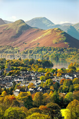 Lake District National Park, Cumbria, England. Southwest over Keswick town and north end of...