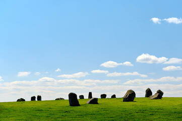 Prehistoric Neolithic megalithic standing stone circle known as Long Meg and Her Daughters near...